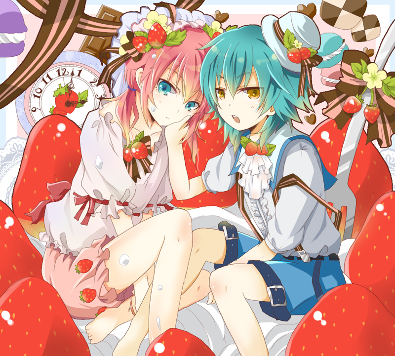 androgynous, aqua_eyes, aqua_hair, barefoot, clock, food, food_as_clothes, food_themed_clothes