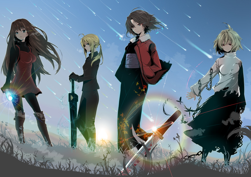 ahoge, aozaki_aoko, arcueid_brunestud, avalon_(fate/stay_night), black_gloves, black_hair, black_legwear, blonde_hair