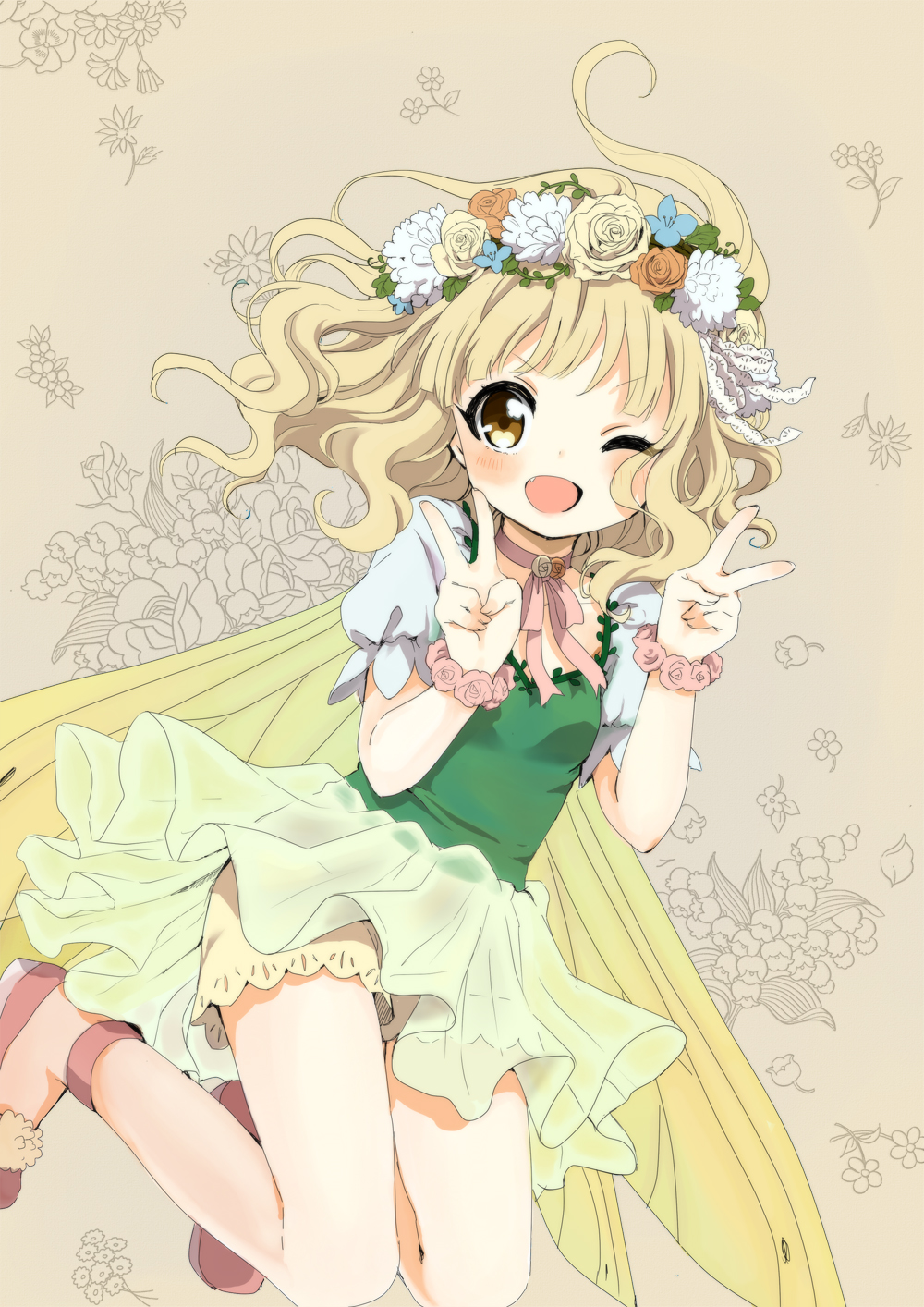 ;d, akakokko, blonde_hair, bloomers, brown_eyes, chocker, choker, double_v
