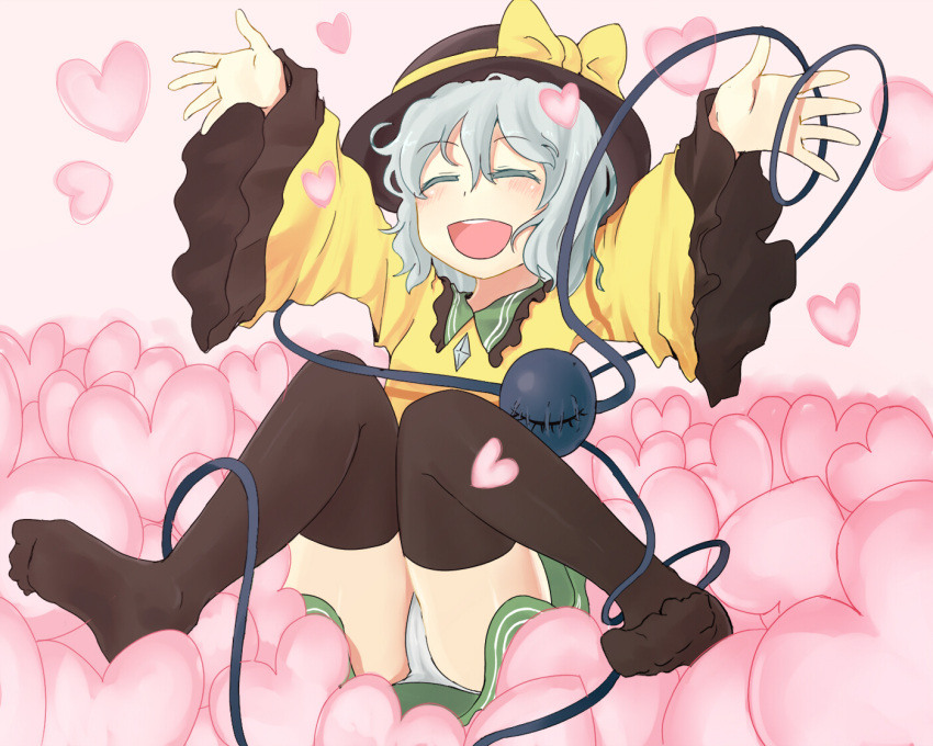 arms_up, black_legwear, blush, closed_eyes, eyes_closed, hat, hat_ribbon, heart