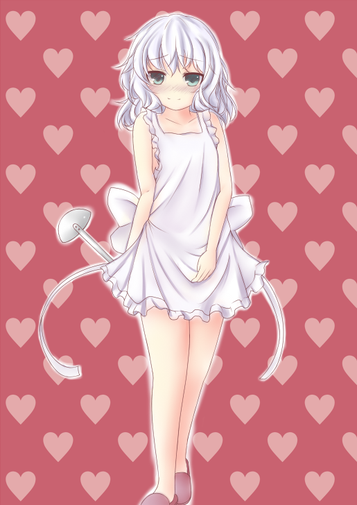 apron, bare_legs, blush, collarbone, green_eyes, heart, komeiji_koishi, ladle