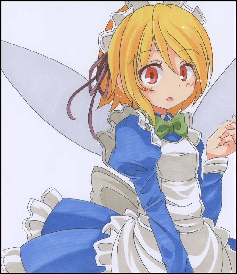 apron, blonde_hair, blue_dress, bow, dress, extra, fairy, fairy_maid