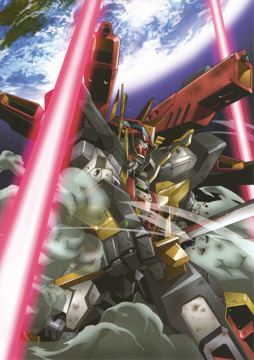 dancouga_nova_max_god, earth, highres, juusou_kikou_dancouga_nova, mecha, official_art, oobari_masami, smoke, super_robot, sword, weapon