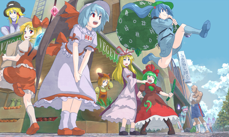 >_<, 6+girls, aki_minoriko, alternate_headwear, apron, bag, bald, bandage