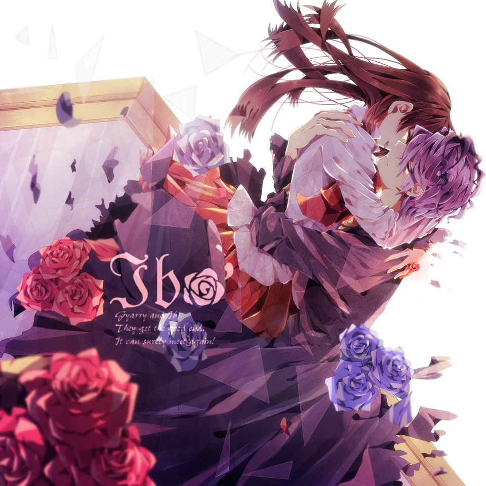 1girl, blue_rose, brown_hair, closed_eyes, coat, engrish, eve_(ib), eyes_closed, flower, frame, garry_(ib), gary_(ib), hug, ib, ib_(ib), incipient_kiss, petals, purple_hair, ranguage, rose, skirt, smile, wavy_hair, xxxka66