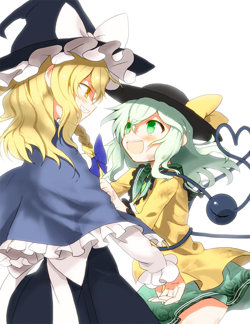 1girl, blonde_hair, blush, braid, capelet, dress, eyeball, green_eyes, green_hair, hat, heart, husui_parashi, kirisame_marisa, komeiji_koishi, long_hair, multiple_girls, open_mouth, ribbon, short_hair, silver_hair, skirt, smile, third_eye, touhou, witch, witch_hat, yellow_eyes