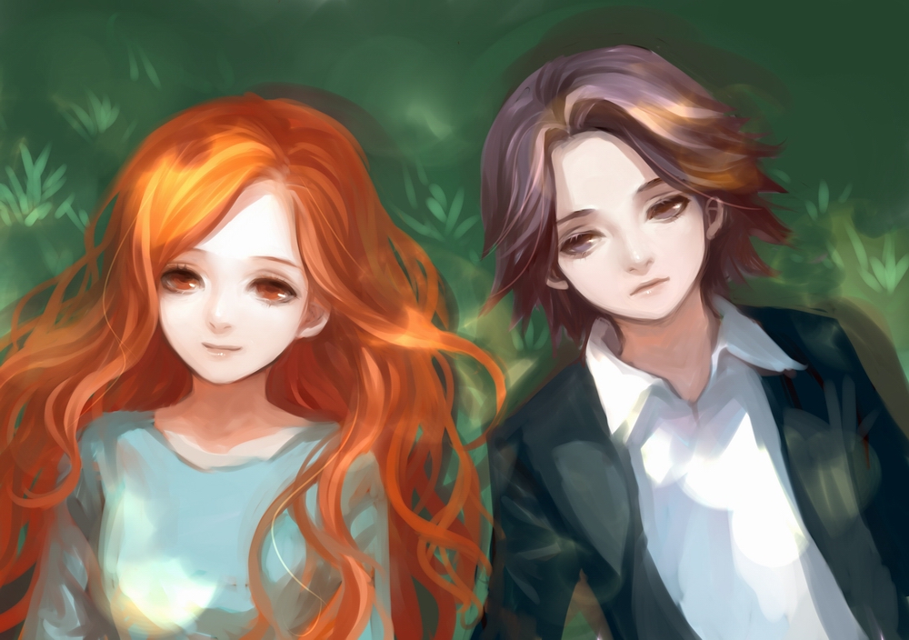 1girl, asukaziye, brown_eyes, brown_hair, child, grass, harry_potter, lily_evans