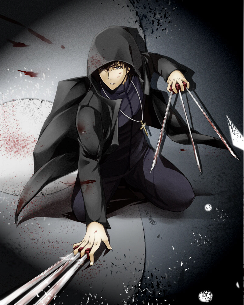 between_fingers, black_keys, brown_eyes, brown_hair, cross, cross_necklace, fate/zero, fate_(series), hood, jewelry, kiishi, kneeling, kotomine_kirei, long_coat, male, necklace, solo