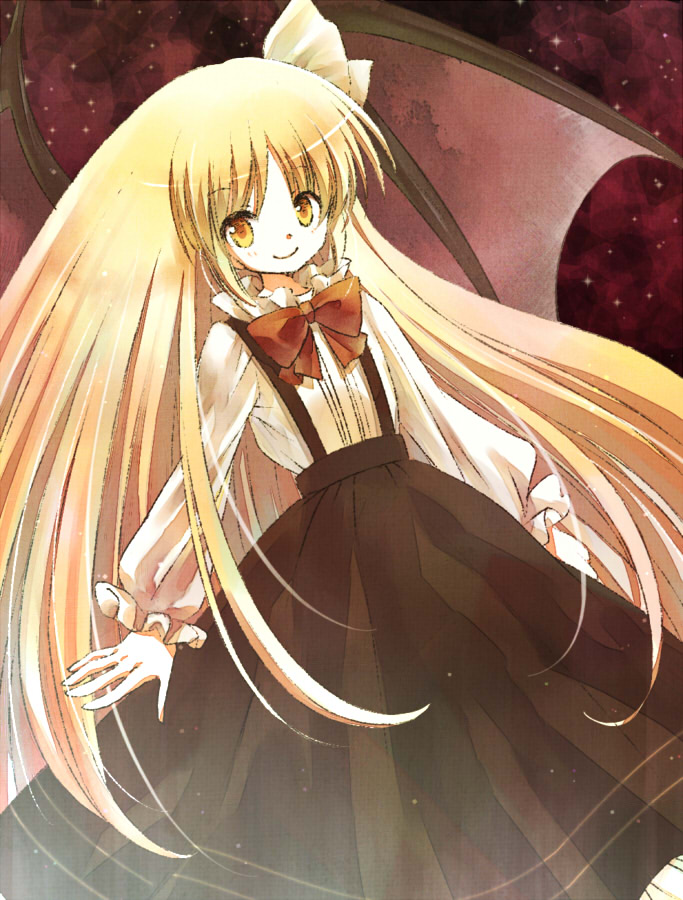 bat_wings, blonde_hair, bow, dress, hair_ribbon, kurumi_(touhou), long_hair, ribbon, smile, solo, suzuki_(chidori), suzuki_ao, touhou, touhou_(pc-98), wings, yellow_eyes