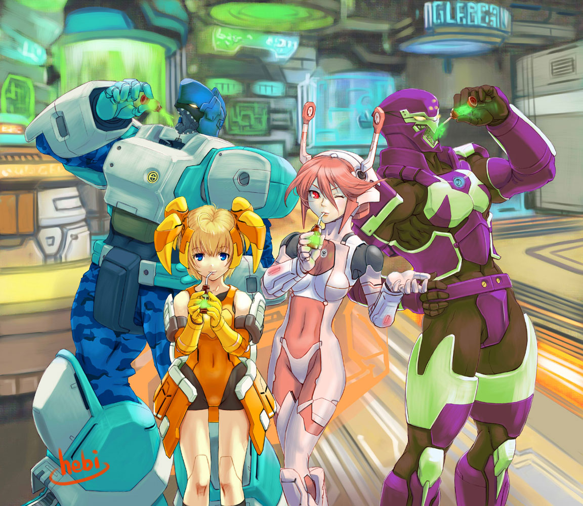 2girls, android, antennae, arm_up, bad_id, bare_legs, bike_shorts, blonde_hair