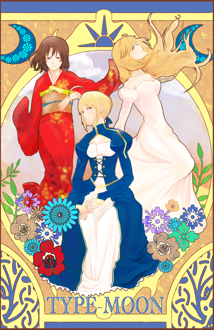 ahoge, archetype_earth, arcueid_brunestud, art_nouveau, bare_shoulders, blonde_hair, brown_eyes, brown_hair