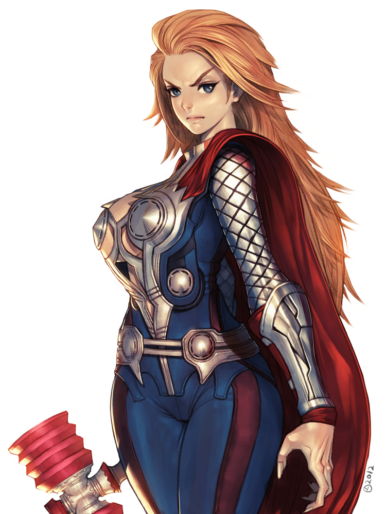 alien1452, armor, blonde_hair, blue_eyes, breasts, brown_hair, cape, genderswap