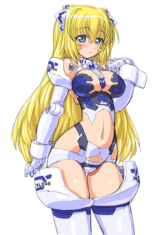 altrene, armor, bikini_armor, blonde_hair, blue_eyes, blush, breasts, busou_shinki