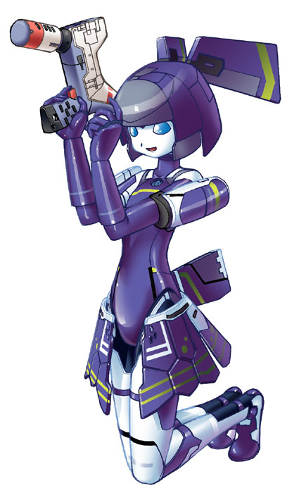 :d, android, bangs, blue_eyes, blunt_bangs, bob_cut, bow, gun