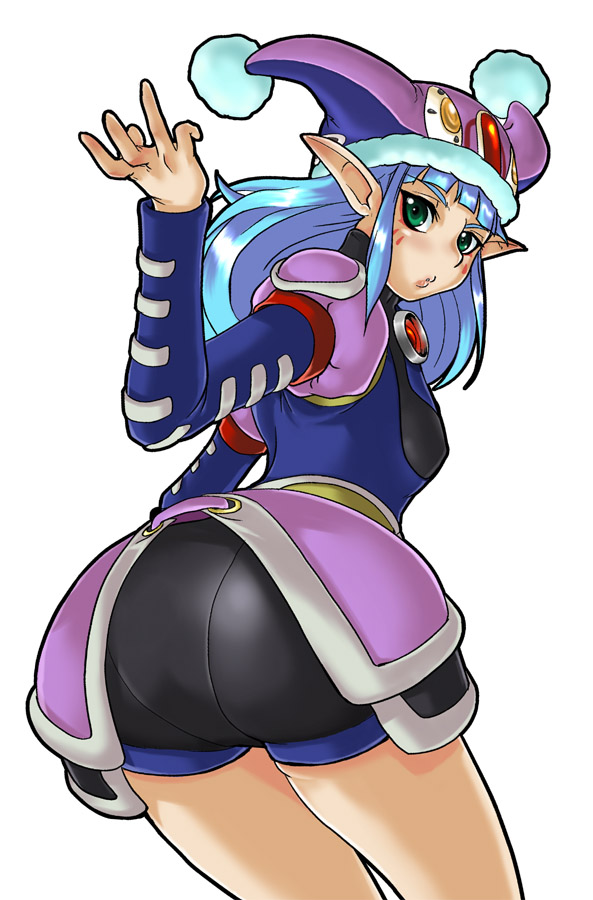 arm_up, ass, bangs, bare_legs, bloomers, blue_hair, blunt_bangs, bobabo