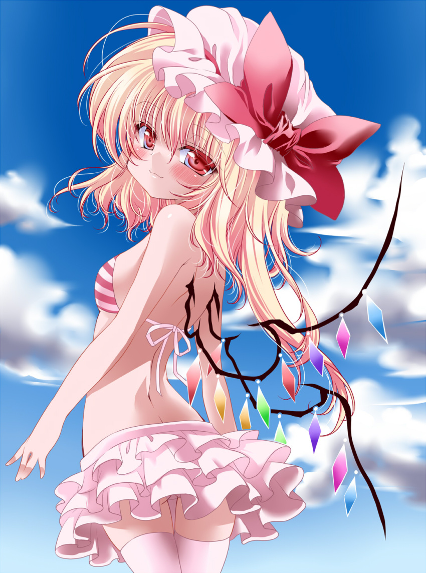 :3, alternate_costume, back, bare_shoulders, bikini, blonde_hair, bloud, blue_sky