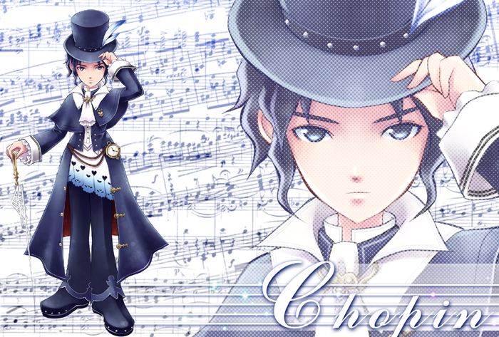 adjusting_hat, black_hair, character_name, expressionless, feathers, formal, frederic_chopin, grey_eyes, hat, male, pants, pocket_watch, rie_(minori), shoes, solo, staff, suit, top_hat, trusty_bell, watch, zoom_layer