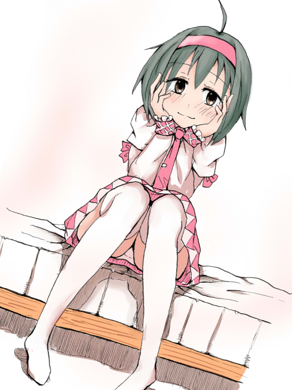 ahoge, black_hair, blush, brown_eyes, gotaishu, hairband, hands_on_own_cheeks, hands_on_own_face