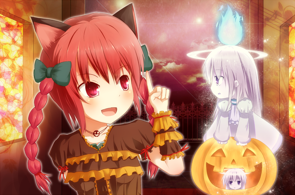 animal_ears, bow, braid, cat_ears, hair_bow, kaenbyou_rin, open_mouth, pumpkin