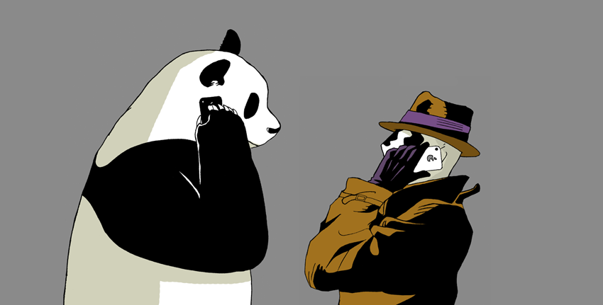 1boy, bear, dc_comics, eye_contact, fedora, giant_panda, gloves, hat