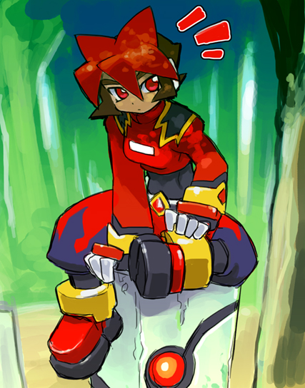 atlas, atlas_(mega_man), brown_hair, capcom, mega_man_(series), mega_man_zx, multicolored_hair, red_eyes