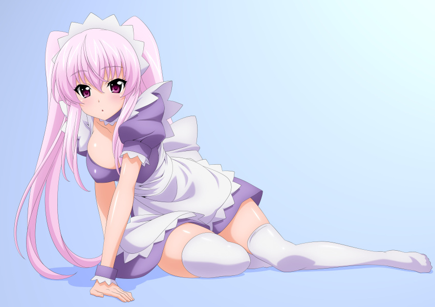 absurdres, apron, arm_support, blue, blush, breasts, cleavage, dress, highres, leaning_forward, long_hair, maid, maid_headdress, original, pink_eyes, pink_hair, purple_eyes, purple_hair, sitting, solo, sugimura_tomokazu, thigh-highs, thighhighs, twintails, violet_eyes, white_legwear, wrist_cuffs, zettai_ryouiki