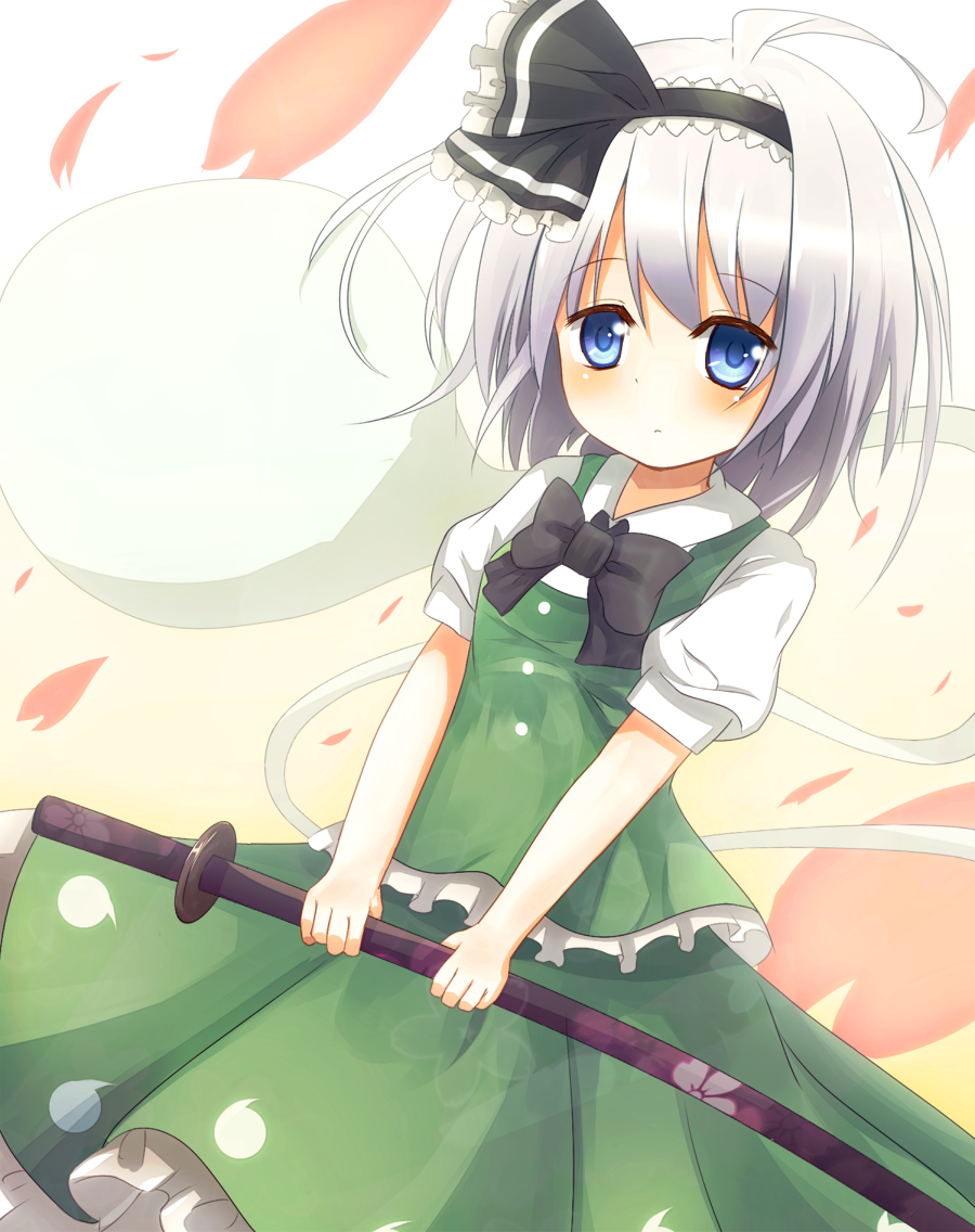 blue_eyes, blush, bow, hair_ribbon, hairband, konpaku_youmu, konpaku_youmu_(ghost), raira