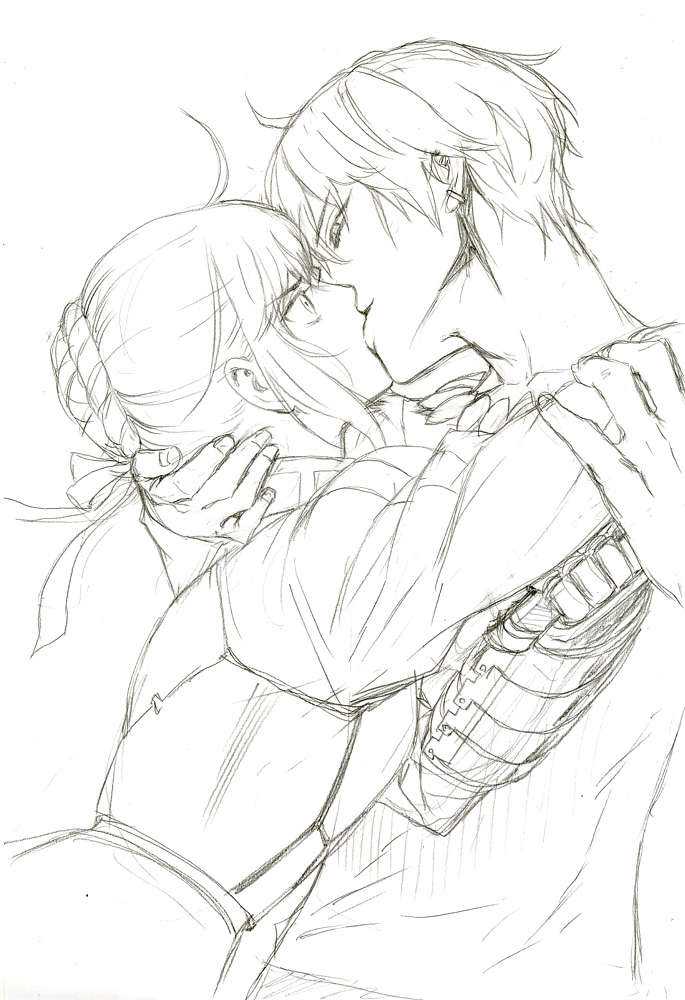 1girl, ahoge, arm_grab, armor, armored_dress, dress, fate/zero, fate_(series), fetishist, forced_kiss, gauntlets, gilgamesh, graphite_(medium), hair_ribbon, jewelry, kiss, monochrome, necklace, ribbon, saber, sketch, traditional_media