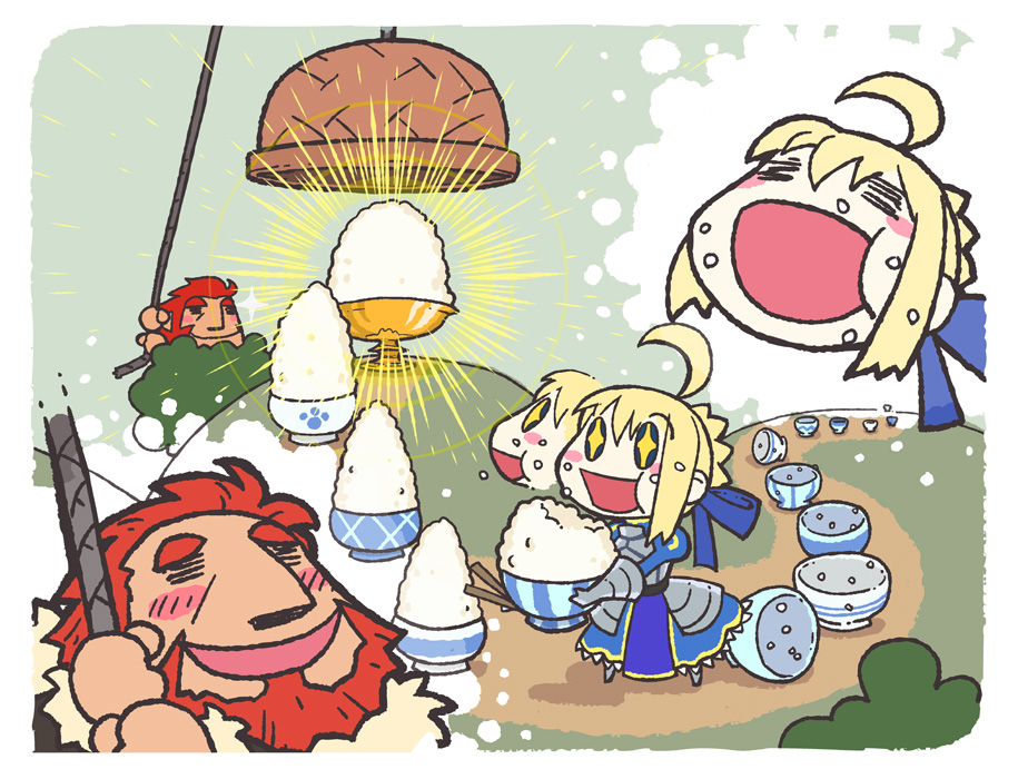 1girl, =_=, ahoge, armor, armored_dress, basket, beard, blonde_hair, chibi, dress, drop_trap, facial_hair, fate/zero, fate_(series), goblet, holy_grail, red_hair, redhead, rice_bowl, rider_(fate/zero), s_b_g, saber, sbg, star, star-shaped_pupils, symbol-shaped_pupils