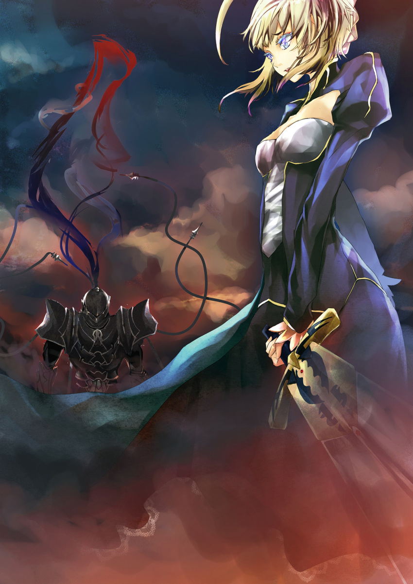 1girl, ahoge, armor, berserker_(fate/zero), blonde_hair, blue_eyes, caliburn, dress