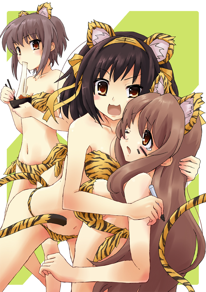 asahina_mikuru, bikini, blush, breasts, brown_eyes, brown_hair, eating, food