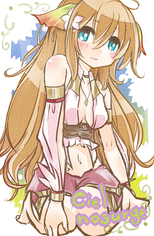 aqua_eyes, bavarian, blush, bracelet, brown_hair, ciel_nosurge, gust, hair_ornament