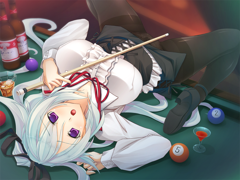 :o, akasaka_mahiru, alcohol, artist_request, billiards, bottle, bow, character_request