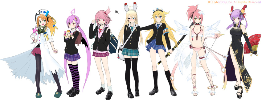 aquila_girl, bag, bat_wings, bikini, blonde_hair, blue_eyes, bow_(weapon), braid, character_request, china_dress, chinese_clothes, cosmic_break, elbow_gloves, elisalotte, fan, folding_fan, gas_mask, gloves, green_eyes, hair_ornament, highres, hoodie, jikun_long, katana, melfi, messenger_bag, morizo_cs, navel, necktie, nemlim, orange_hair, pantyhose, pink_hair, purple_hair, red_eyes, rouche, shoulder_bag, side_ponytail, skirt, striped, striped_legwear, swimsuit, sword, thigh-highs, thighhighs, weapon, winberrl, wings, yellow_eyes