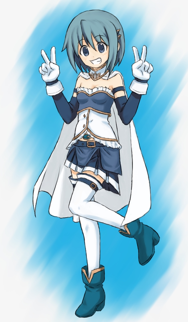 armband, belt, blue_eyes, blue_hair, cape, destiny30229, gloves, grin