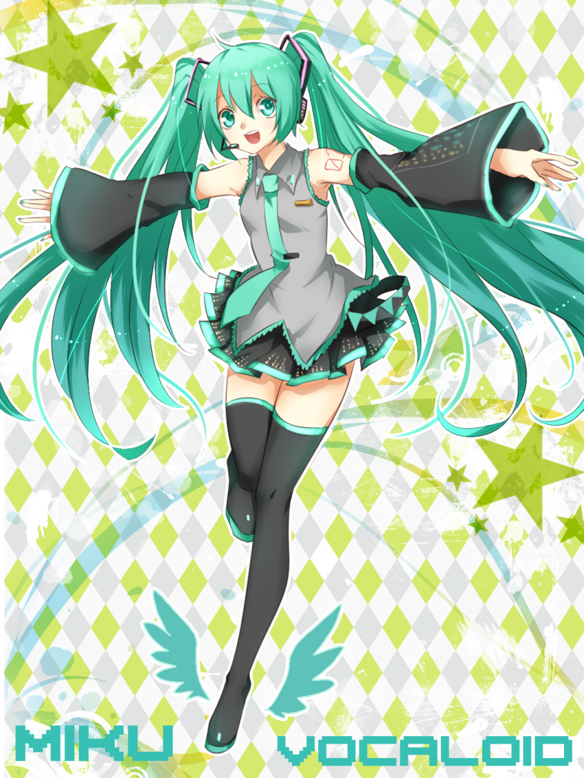 appleruby, argyle, argyle_background, character_name, detached_sleeves, green_eyes, green_hair, hatsune_miku