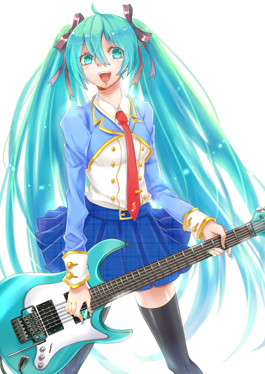 absurdres, ahoge, appleruby, aqua_eyes, aqua_hair, belt, character_name, electric_guitar