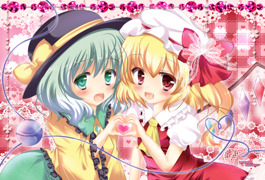 2girls, aqua_eyes, ascot, bat_wings, blonde_hair, dress, eyeball, flandre_scarlet