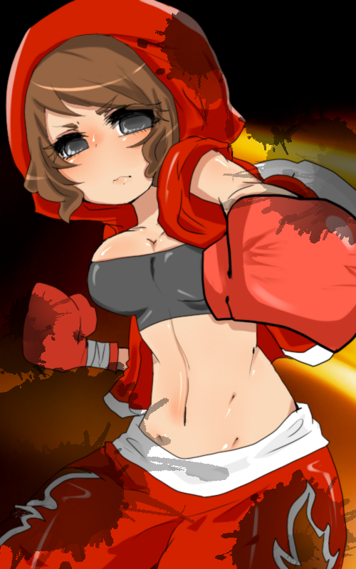 bad_id, boxing_gloves, breasts, brown_hair, cleavage, grey_eyes, hood, hoodie