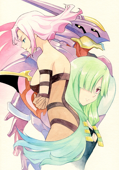 2girls, agahari, blue_eyes, bodysuit, breasts, character_request, crossed_arms, doll_(isekai_no_seikishi_monogatari), green_hair, hair_over_one_eye, isekai_no_seikishi_monogatari, long_hair, mecha, mexiah_furan, multiple_girls, pink_hair, profile, red_eyes, short_hair, traditional_media