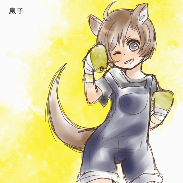 ahoge, boxing_gloves, brown_hair, child, grey_eyes, junior_(namatamemisa), kangaroo, kangaroo_ears
