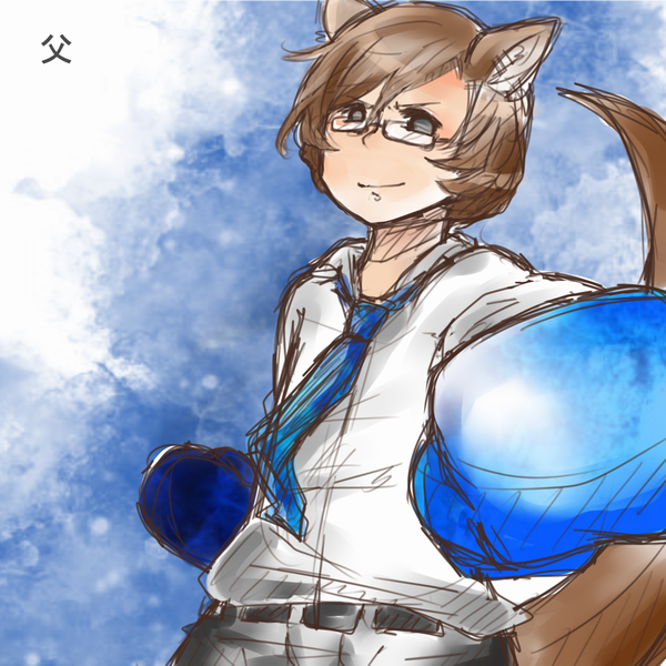 boxing_gloves, brown_hair, glasses, grey_eyes, junior_(namatamemisa), kangaroo, kangaroo_ears, kangaroo_tail, namatamemisa, necktie, personification, roger_(tekken), shirt, short_hair, tail, tekken