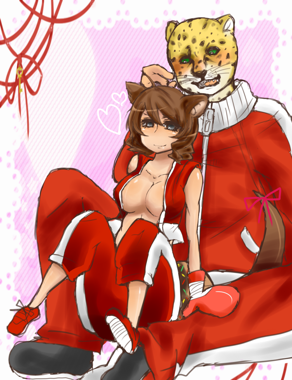 1boy, 1girl, ahoge, animal_ears, boxing_gloves, breasts, green_eyes, heart