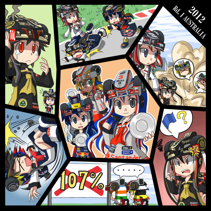 >_<, :<, chibi, formula_one, headset, helmet, highres, jenson_button, kimi_raikkonen, kobayashi_kamui, lewis_hamilton, lotus_(brand), mercedes-benz, miyako_f1, multicolored_hair, multiple_girls, narain_karthikeyan, nico_rosberg, pastor_maldonado, pedro_de_la_rosa, personification, pushing, racing, racing_car, red_bull, renault, romain_grosjean, sebastian_vettel, tears