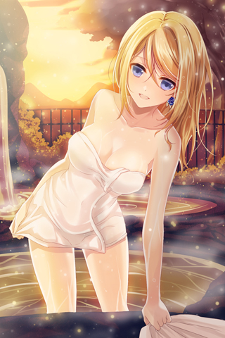 arm_behind_back, bare_shoulders, blonde_hair, blue_eyes, breasts, collarbone, earrings, hair_between_eyes