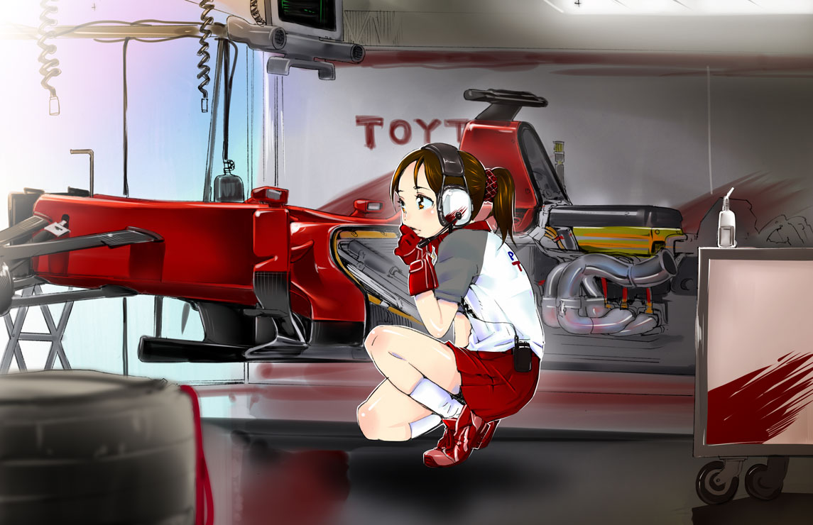 brown_eyes, brown_hair, car, formula_one, garage, gloves, headset, kneeling