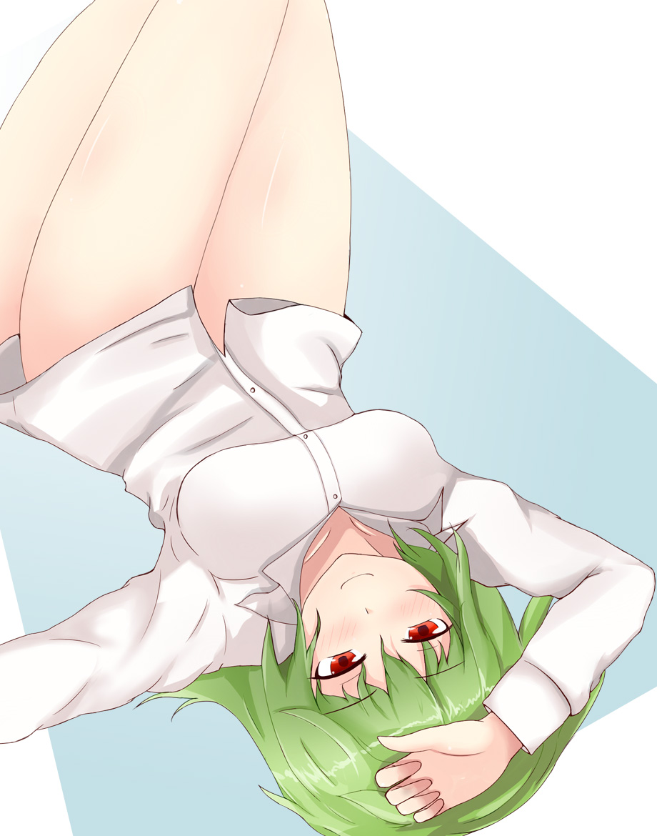 arm_up, blush, bottomless, green_hair, hyaa, kazami_yuuka, leg_up, looking_at_viewer