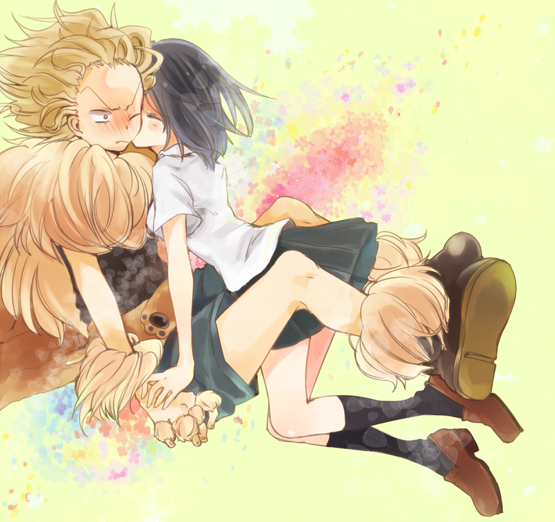 asako_(itiba), between_legs, black_hair, blonde_hair, blush, closed_eyes, dress_shirt, eyes_closed