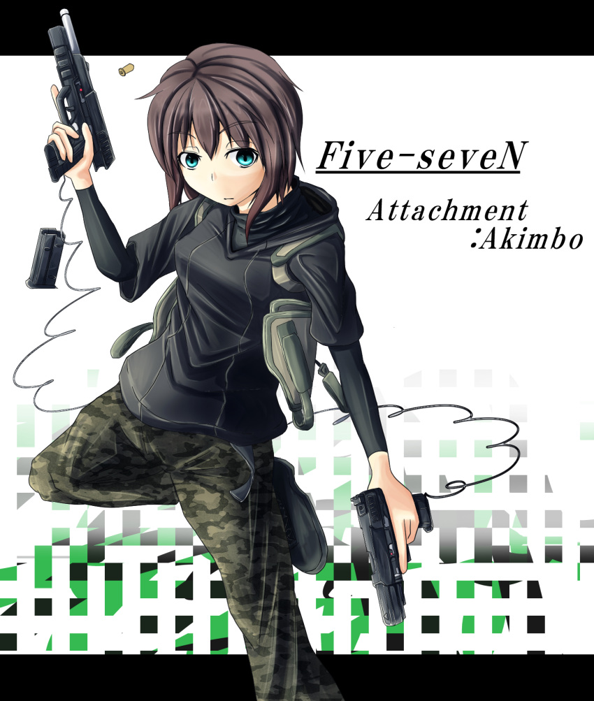 1girl, blue_eyes, brown_hair, call_of_duty, call_of_duty:_modern_warfare_3, camouflage, dual_wielding, five-seven_(gun)