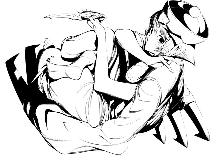 barefoot, between_toes, capcom, dagger, feet, greyscale, hands, hat, highres, knife, lei_lei, monochrome, no_ofuda, onigunsou, short_hair, soles, solo, toe_hold, toes, vampire_(game), weapon